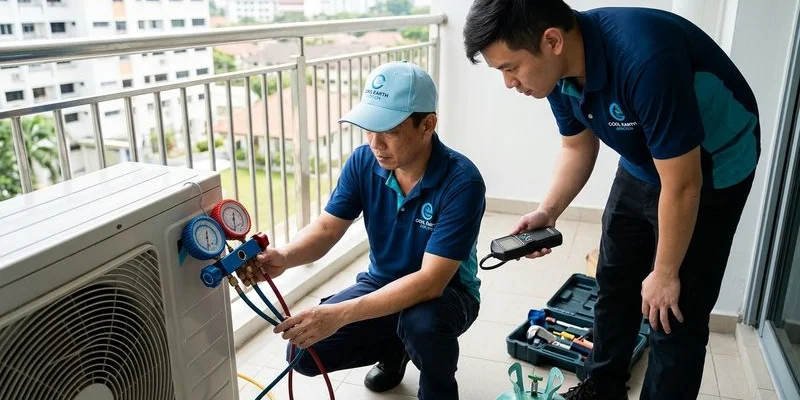CoolX Aircon technician connecting calibrated refrigerant gauges to an aircon outdoor unit in Singapore
