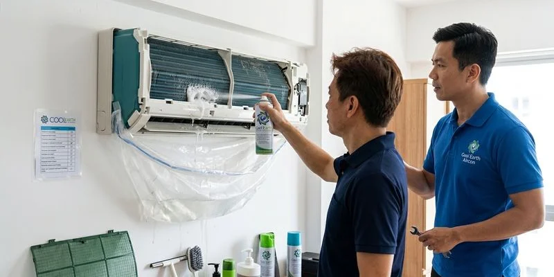 Chemical wash being performed on a Mitsubishi Heavy Industries SRK indoor unit evaporator coil in a Singapore condo