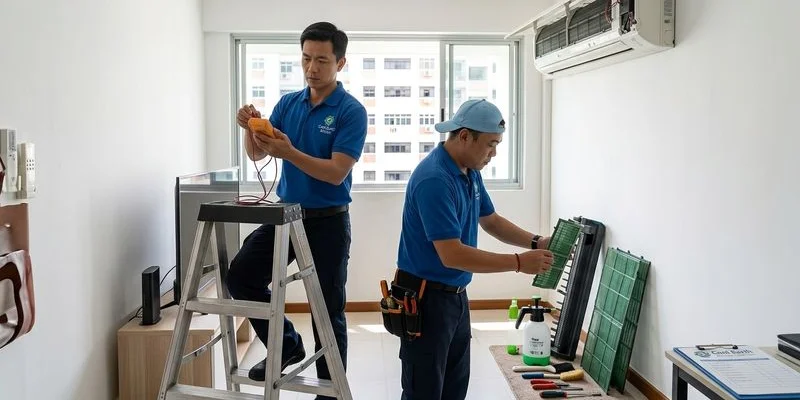 CoolX Aircon technician performing a quarterly aircon service in a Singapore HDB flat with professional cleaning equipment