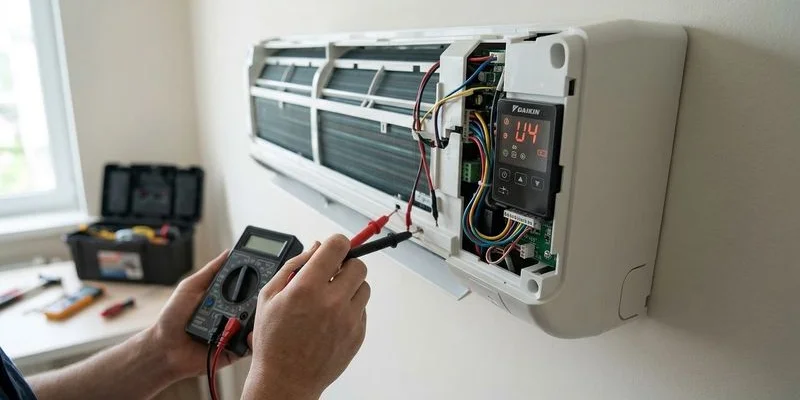 Daikin aircon display panel showing an error code during diagnostic check in Singapore