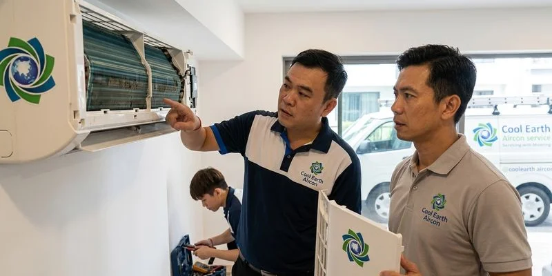 CoolX Aircon technician servicing a Daikin iSmile wall-mounted unit in a Singapore HDB flat