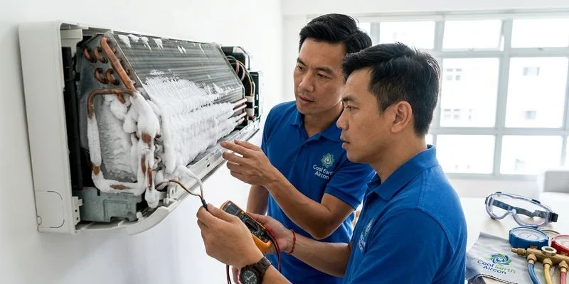 Frozen evaporator coil with visible ice buildup causing intermittent water leak in a Singapore aircon