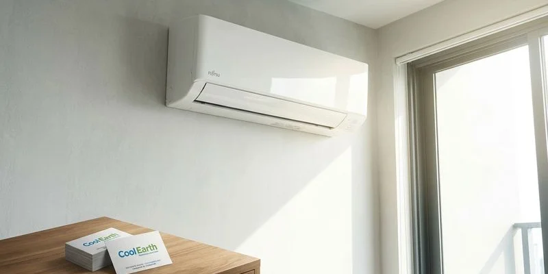 CoolX Aircon technician servicing a Fujitsu General ASTG wall-mounted unit in a Singapore condo