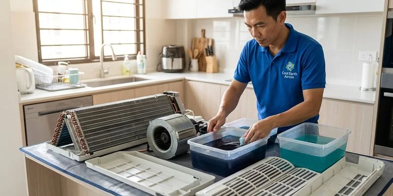 Dismantled Daikin aircon components during full chemical overhaul showing the fan motor, blower wheel and coil cleaned separately