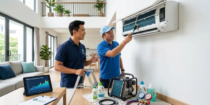 CoolX technician servicing a Mitsubishi Electric Starmex wall unit in a Singapore HDB living room