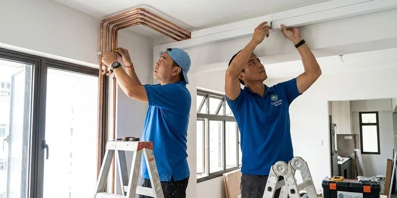 Neat copper piping and white trunking installed along a condo ceiling in Singapore aircon installation