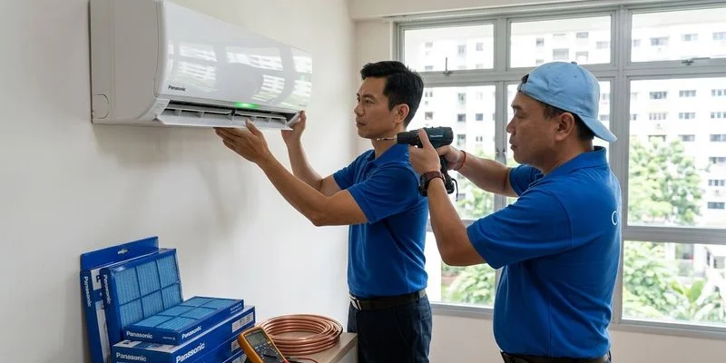 CoolX technician servicing a Panasonic nanoe wall unit in a Singapore HDB living room