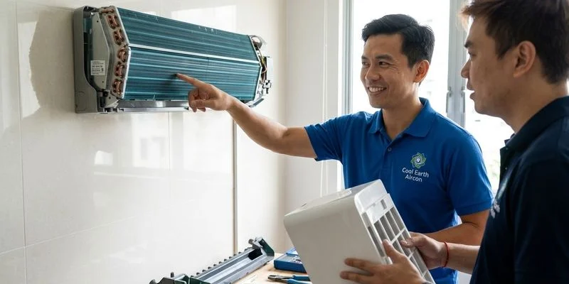 Chemical wash being performed on a Samsung Triangle design evaporator coil in a Singapore condo