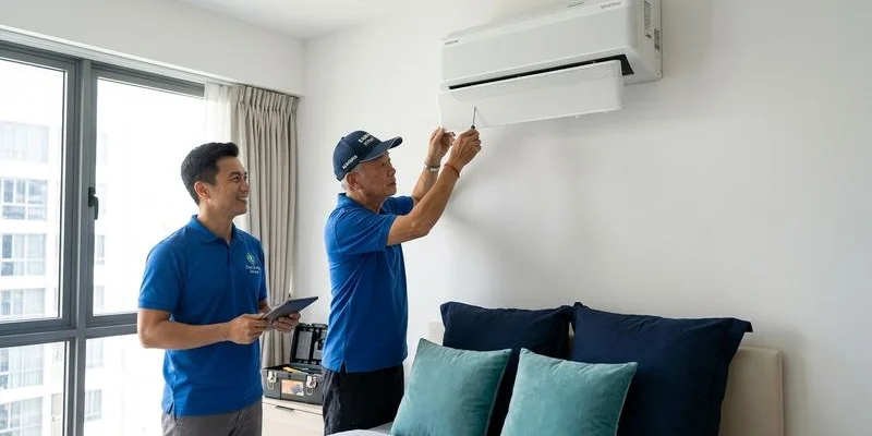 CoolX Aircon technician servicing a Samsung Wind-Free aircon wall unit in a Singapore HDB bedroom
