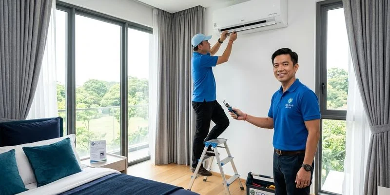 CoolX technician servicing an LG Dual Inverter wall-mounted aircon in a Singapore condo