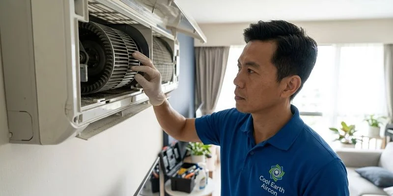 CoolX Aircon technician inspecting a Fujitsu aircon blower wheel in a Singapore HDB flat