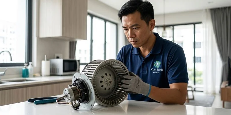 CoolX Aircon technician inspecting an aircon blower wheel and fan motor for bearing wear in a Singapore HDB flat