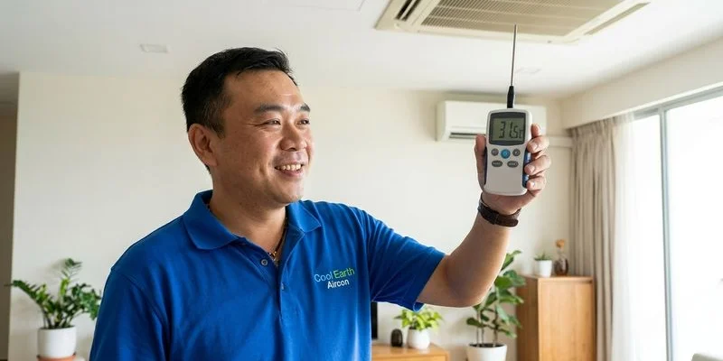 CoolX Aircon technician measuring aircon supply temperature with digital thermometer in a Singapore HDB flat