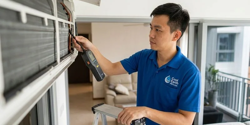Technician using an electronic refrigerant leak detector at an HDB aircon flare joint in Singapore