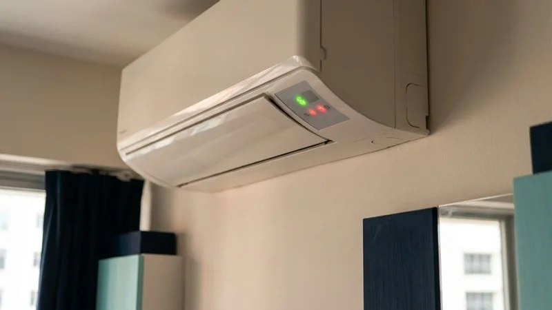 Aircon indoor unit showing blinking green and red indicator lights on the display panel