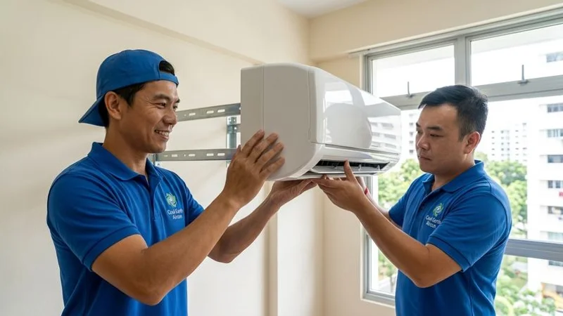 Aircon installation team mounting a new indoor unit on a wall bracket in a Singapore HDB bedroom