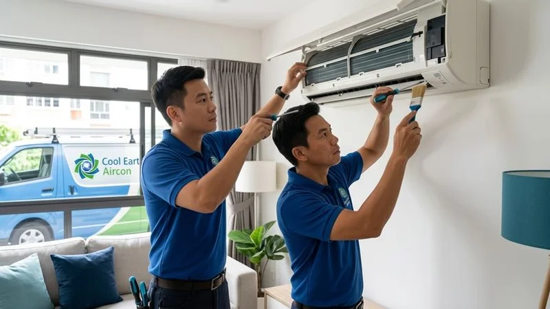 Aircon technician performing routine maintenance on a wall-mounted unit in a Singapore HDB living room