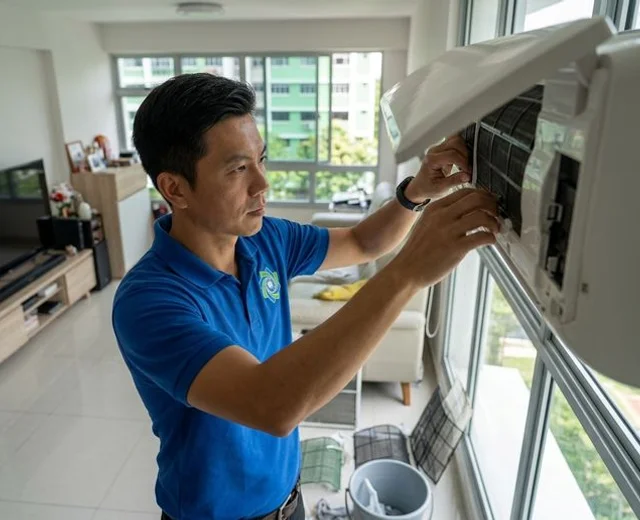 Aircon technician servicing a unit in Tampines Singapore