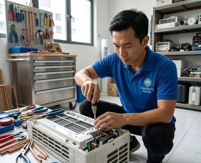 Kok Wai Keong, founder of CoolX Aircon, working on an aircon unit in his workshop