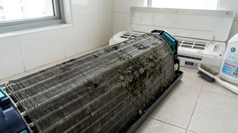Close-up of dirty aircon evaporator coils covered in mould and grime needing chemical wash