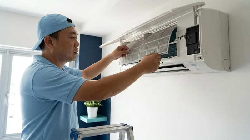 Homeowner removing an aircon filter from a wall-mounted split unit for cleaning in a Singapore home