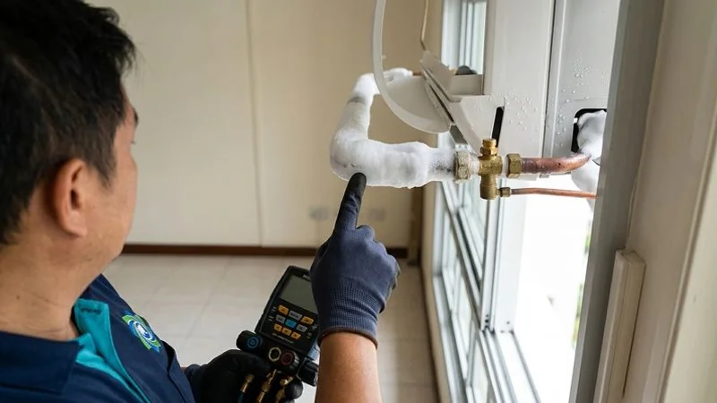 Ice forming on an aircon copper pipe connecting the indoor unit, indicating low refrigerant gas level