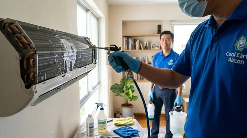 Professional technician wearing protective gloves performing a safe aircon chemical wash in a family home