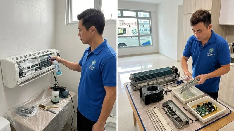Side by side comparison of aircon chemical wash and chemical overhaul procedures performed by a technician