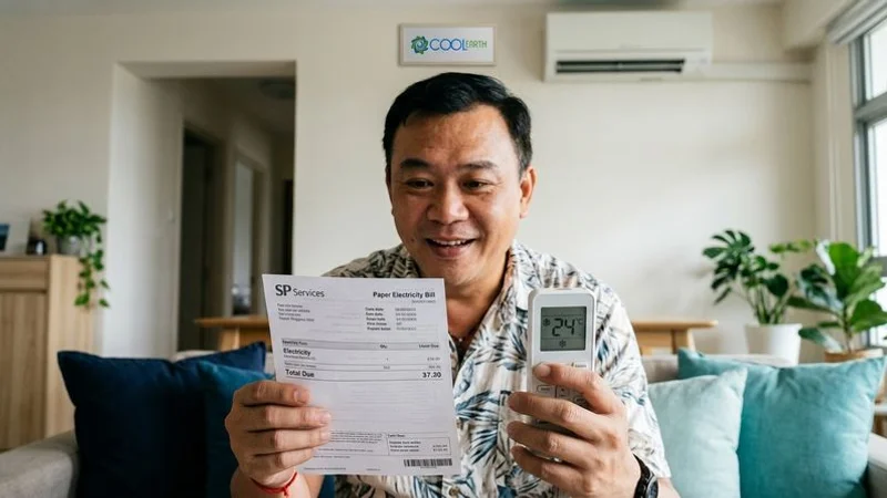 Singapore homeowner checking an electricity bill while holding an aircon remote set to 24 degrees