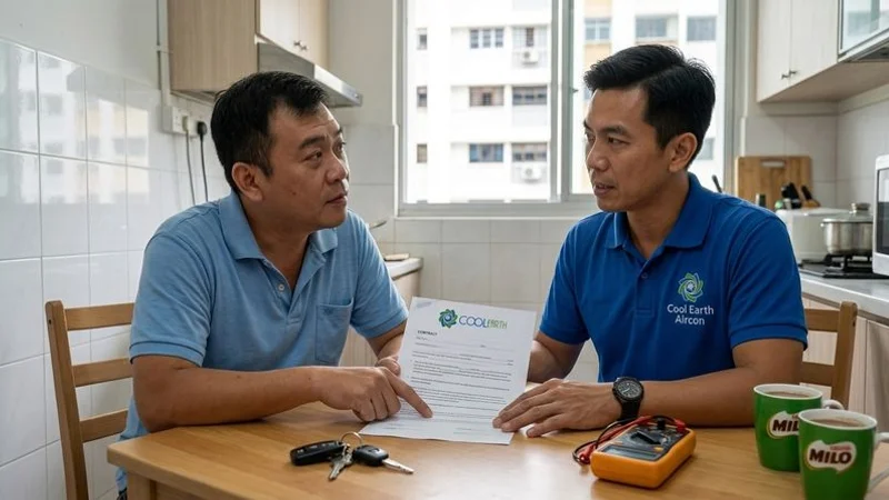 Singapore homeowner reviewing an aircon servicing contract with a technician at the kitchen table
