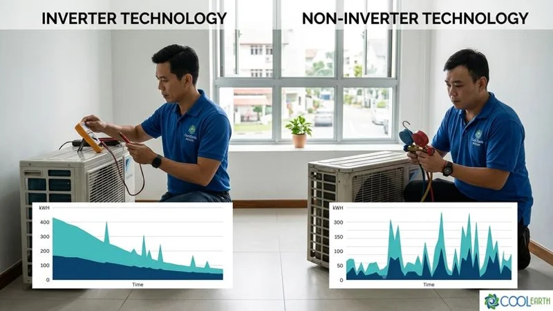 Split image comparing inverter and non-inverter aircon compressor technology with energy efficiency graphs