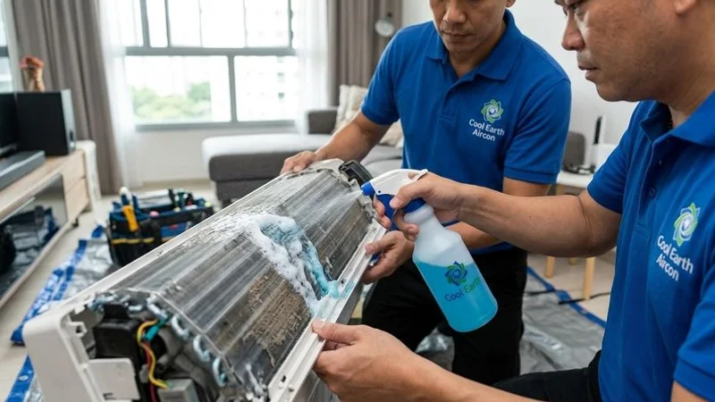 Technician spraying chemical cleaning solution onto aircon evaporator coils during a professional chemical wash